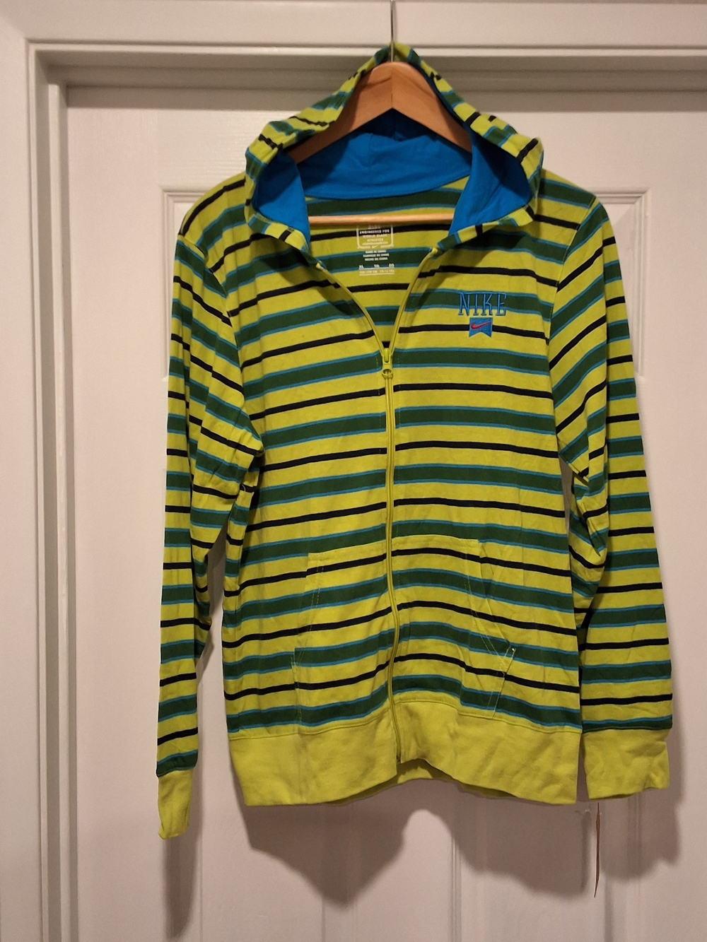 Nike Lime Green Striped Zip-Up Hoodie with Blue Lining